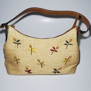 Fossil Leather Woven Wicker Crochet Shoulder Bag Purse Embroidered Beaded